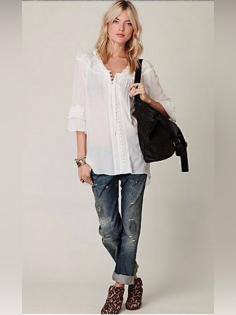 Free People sheer button-down features delicate lace trim and ruffle sleeves - Picture 5 of 11